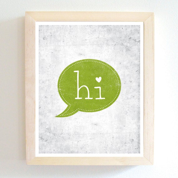 Hi - Art Print - Green - Lime - 8X10 - Modern - Cute Heart - Home Decor - Under 25