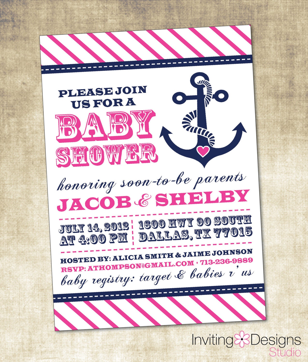 Nautical Baby Shower Invitation, Pink, Blue, Navy, Anchor, Girl, Customize your Colors (PRINTABLE FILE)