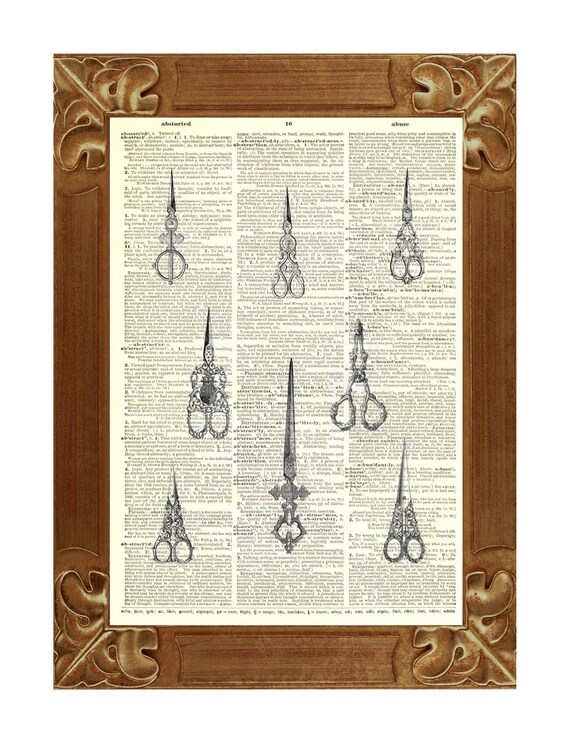 Victorian Scissors Print vintage illustration Dictionary Art , upcycled book page print poster mixed media collage