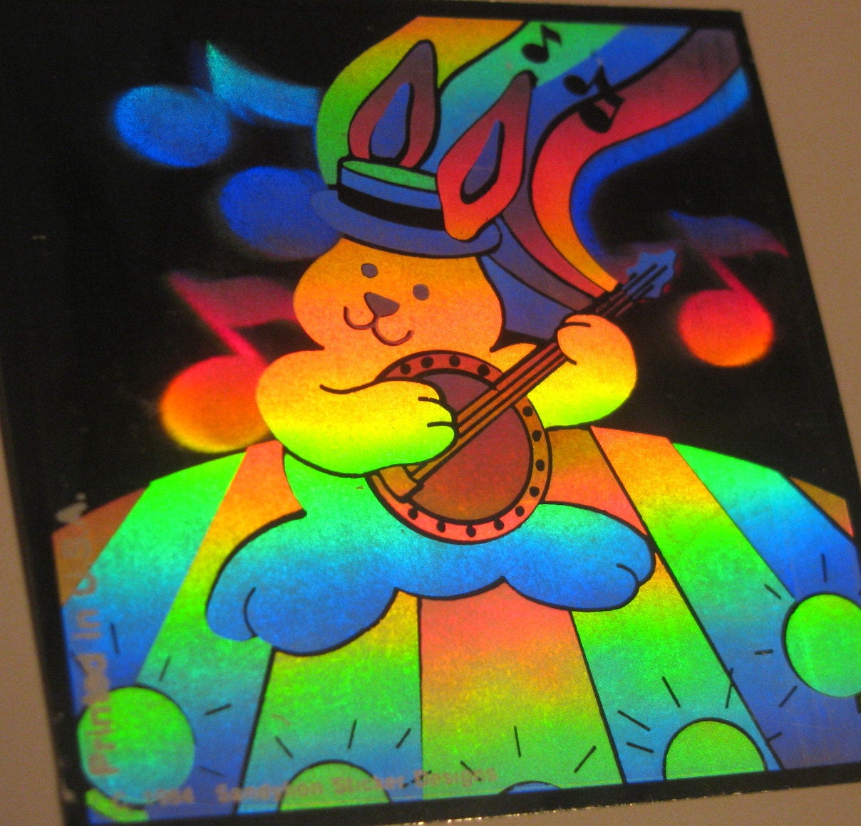 Very Rare Vintage Hologram Sandylion Banjo Playing Bunny Sticker 80s Retro Holographic Rabbit Music