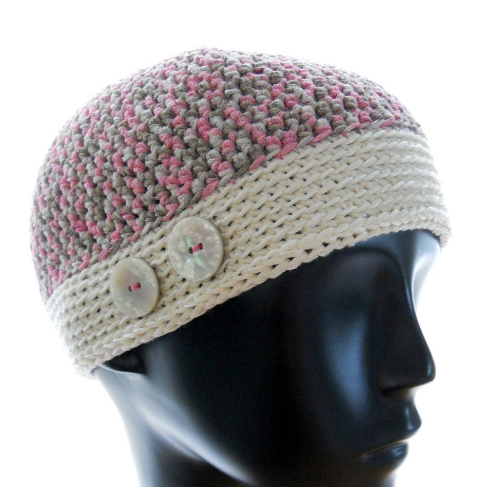 Hand crochet hat, women's crocheted beanie hat, pink-and-gray tweed hat with buttons, vegan hat, small to medium hat