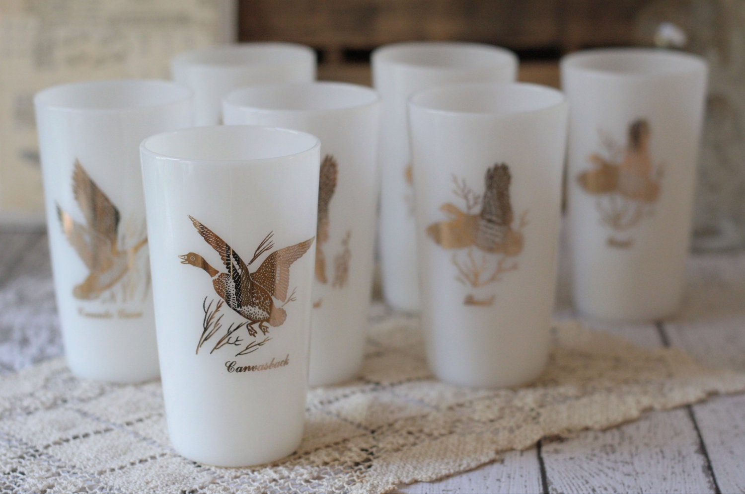 SALE - Vintage Bird Milk glass Cups by Federal Glass - White and Gold - Set of 7 - was 38.00 now 28.00