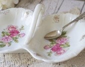 Vintage Divided Ceramic Rose Bowl - Pink and White - Shabby Chic - Cottage