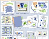 Little Monster Birthday Party Decor Printable Collection - sarah O chic - little monster, blue, green, cheveron,