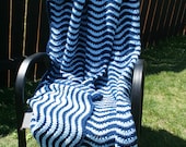 Blue Waves Crochet Ripple Zig Zag Chevron Afghan Blanket Throw