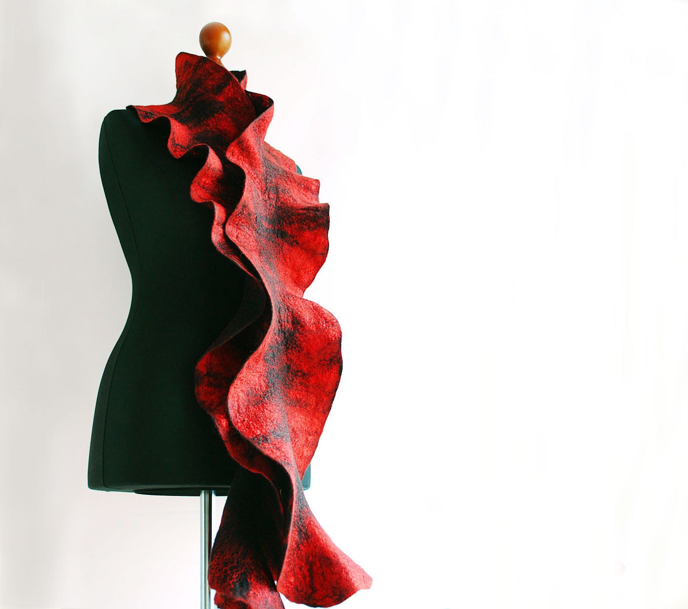 Flamenco Handmade felt Red Black ruffle Scarf shawl Collar  - Red black Designer merino wool fiber art scarf - SALE - Ready to ship