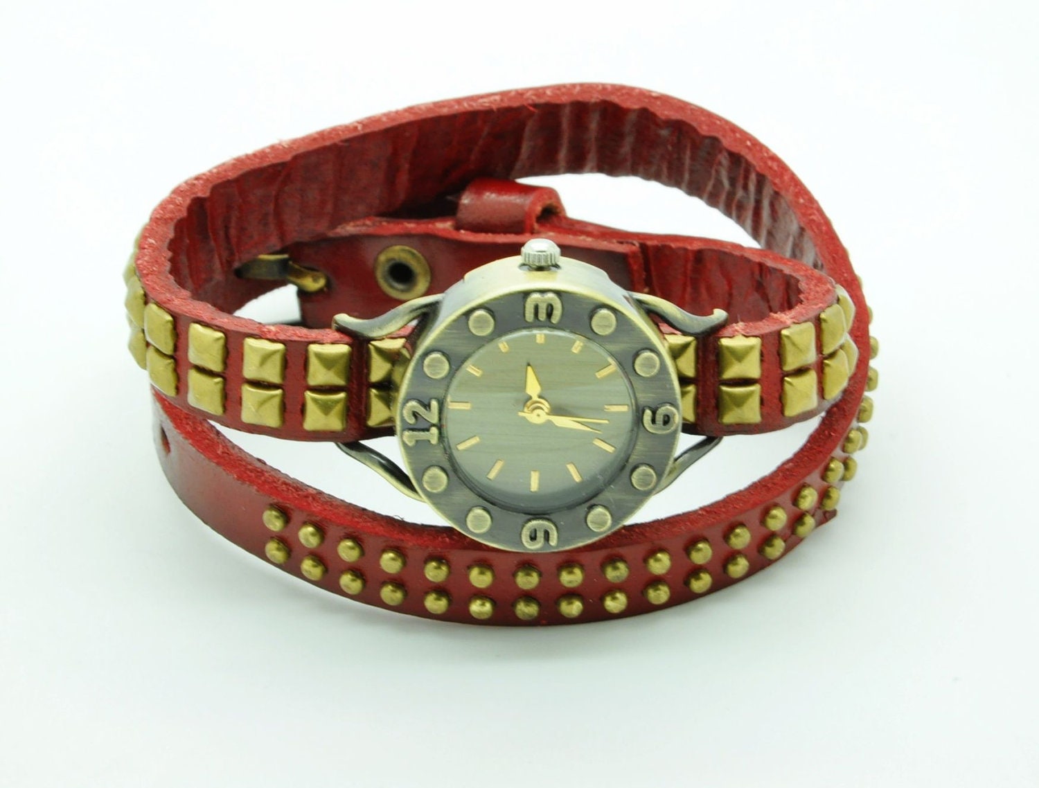 Adjustable Cool Watch Bracelet  Cuff Bracelet or Leather Bracelet With Red Leather and Metal Rivet Mens Bracelet Boy Bracelet 1245S