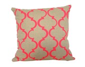 Cushion cover Geometric design. Fluro pink design on sand beige Linen/Cotton 35cm x 35cm