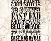 Nashville Neighborhoods, Three. 12" x 18" Nashville Tennessee Neighborhood City Map Fusion Paintographic Fine Art Print