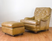 Vintage Distressed Mustard Leather English Roll Arm Club Chair and Ottoman
