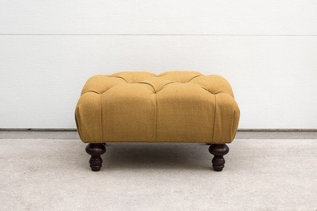 RESERVED Custom Upholstered Mustard Wool Tufted Ottoman