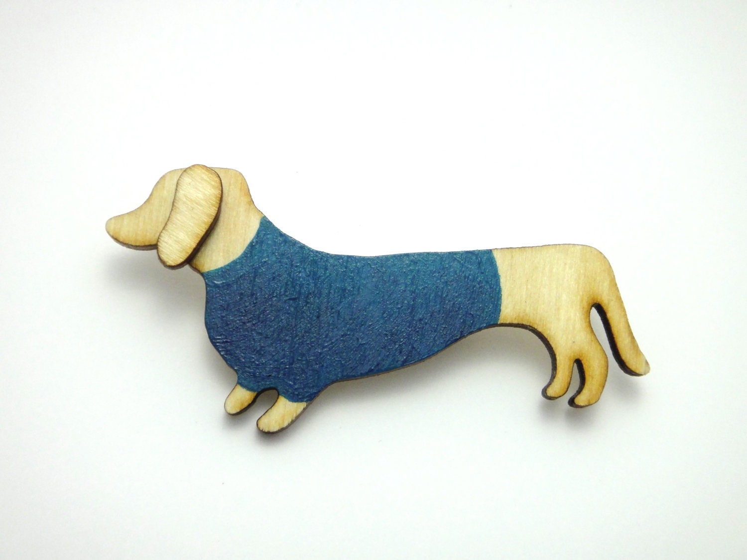 Modern Wood Dashshund Brooch, Dachshund Pin, 3D Brooch, Sausage Dog Brooch with Teal Coat