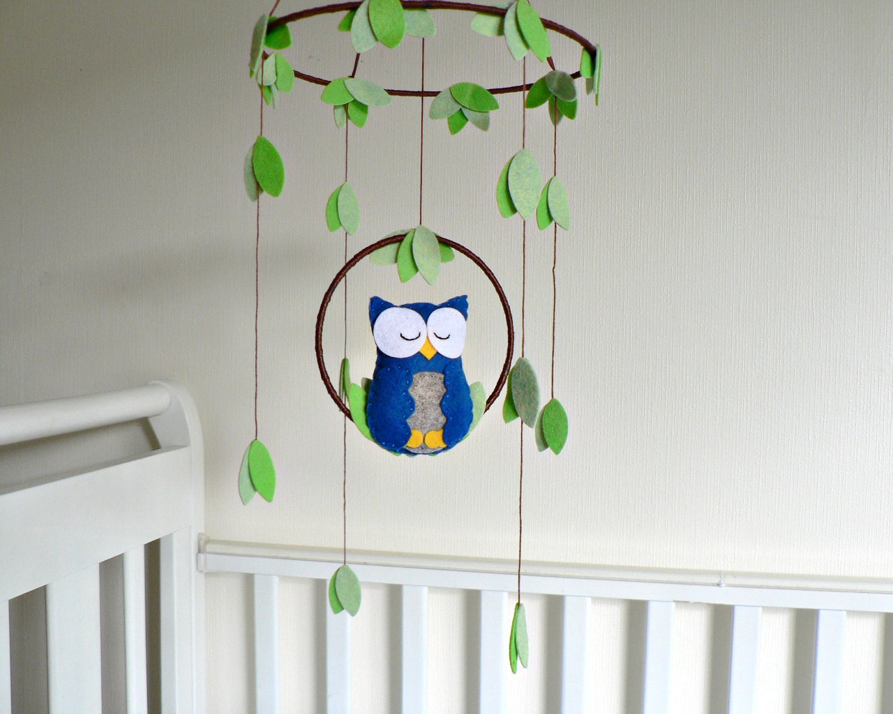 Owl mobile - woodland - Nursery baby mobile - You pick your colors - Felt blue and gray owl - Nursery decor
