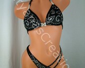 Black, silver glitter allover, Two- piece figure competition suit.
