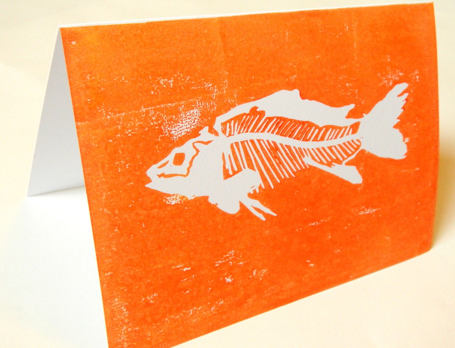 Orange fish card, original art blank greeting card, lino print blank note card, 5 x 7 inch