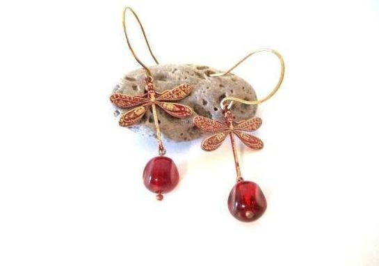 Dragonfly Earrings - Red Patina