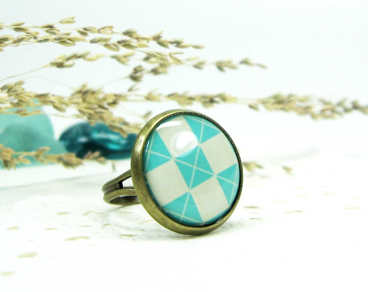 Turquoise Checkers Ring adjustable, Beige, Rustic, Sky Blue, Pastel (0-19R) - Free shipping, Fashion and Trends