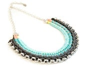 statement necklace, tribal bib, black and blue crochet jewelry chunky chain necklace