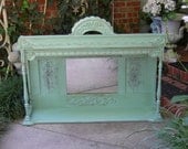 Antique MANTLE MIRROR Shelf in Shabby Chic Distressed Tourmaline Aqua Wall Header Display or Headboard Furniture