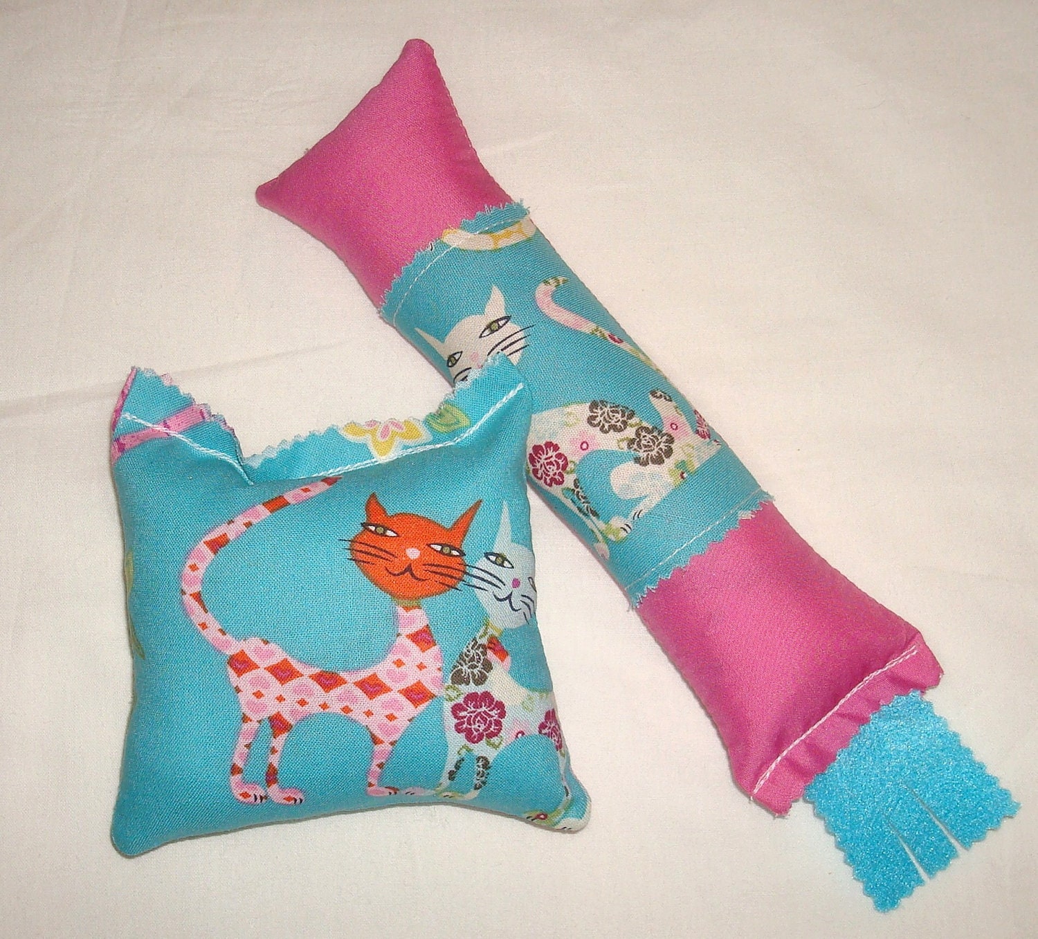 SALE Catnip Cat Toys - Kickstick & Pillow Set - Hot Pink with Aqua Blue Cats Fabric