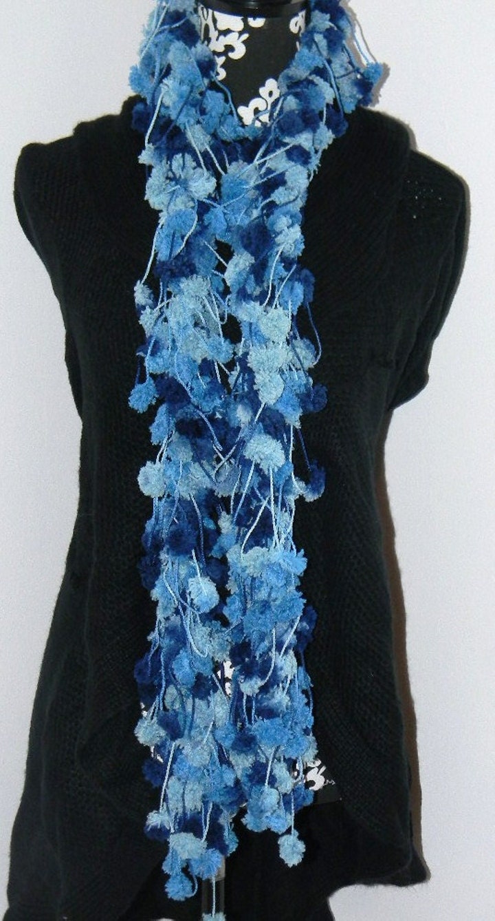 Plethora of Pom Poms Scarf Boa -- Shades of Blue