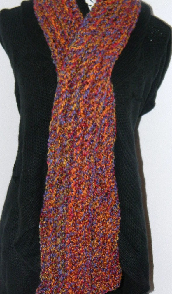 Chunky Crochet Scarf -- Golds, Purples, Greens