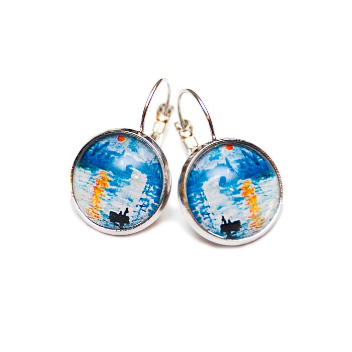 Claude Monet painting Sunrise earrings, silver tone, gift box