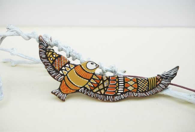 Art Pendant Hand Painted Bird Necklace on Wood Animal Necklace Jewelry Tribal Necklace