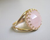 Rose quartz ring, 14k gold ring, 14 mm, Vintage ring, gold cocktail ring, Rose stone ring, Gemstone ring, Faceted pink ring, bridal ring