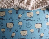 Baby Boy Blue Gray Minky Blanket - 35" x 29" Little Boy Athlete Baseball Football - Blue, Ivory & Charcoal Gray Cartoon Style Print