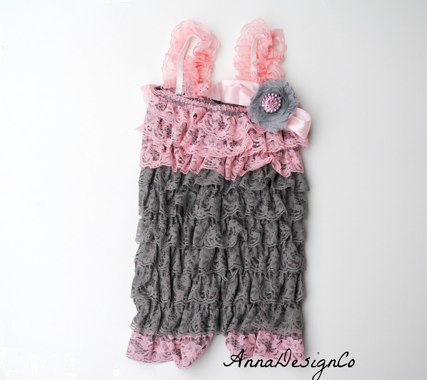 Gray and Light Pink Lace Newborn Baby,Toddler, Girl Petti Romper Photo Prop