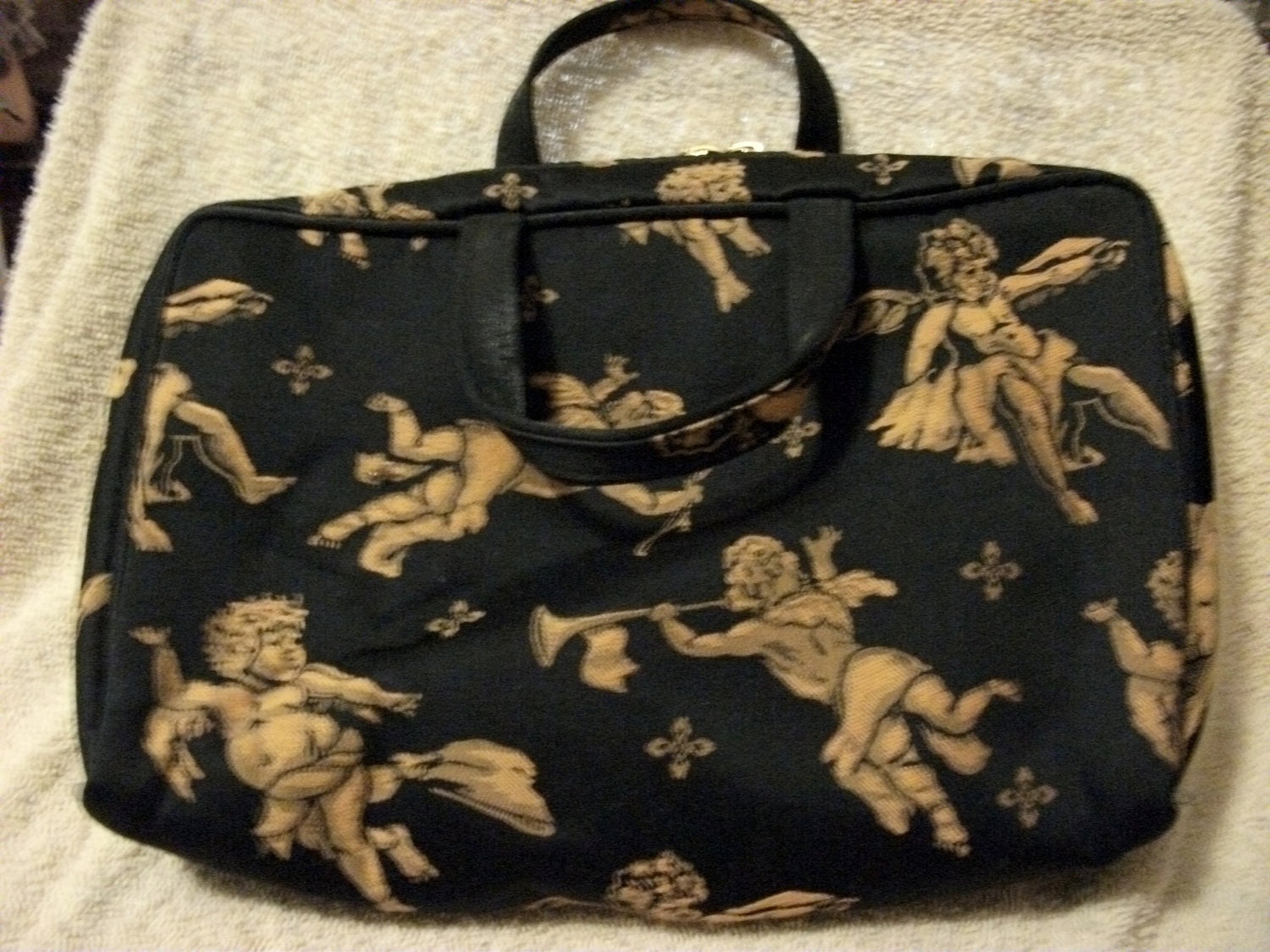 Vintage Ladies Makeup Case or Pouch Black with Gold Cherub Angels Only 5 USD
