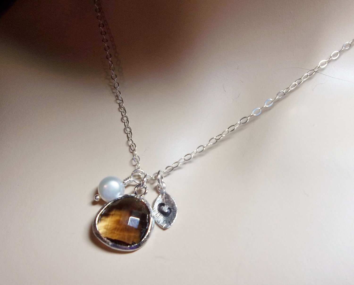 Personalized necklace - Sterling Silver - hand stamped - initial - Topaz - Freshwater pearL -  Bridesmaids - Gift -