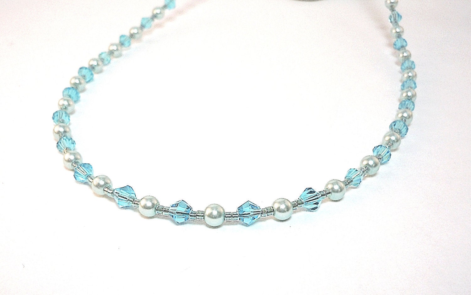 Pearl Necklace -Choker Necklace - Wrap Bracelet -  Aqua Necklace - Crystals, Pearls, Seed Beads, Silver Toggle Clasp
