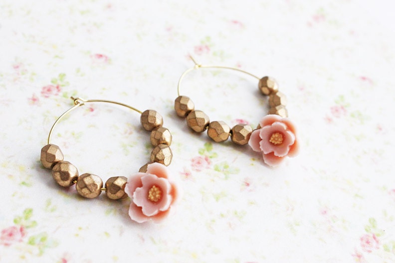 Autumn Morning Flower Hoops Earrings. Floral Jewelry. Pink Smoke. Pink and Gold. Wedding. Fall Fashion. Bridesmaids Earrings. Romantic.