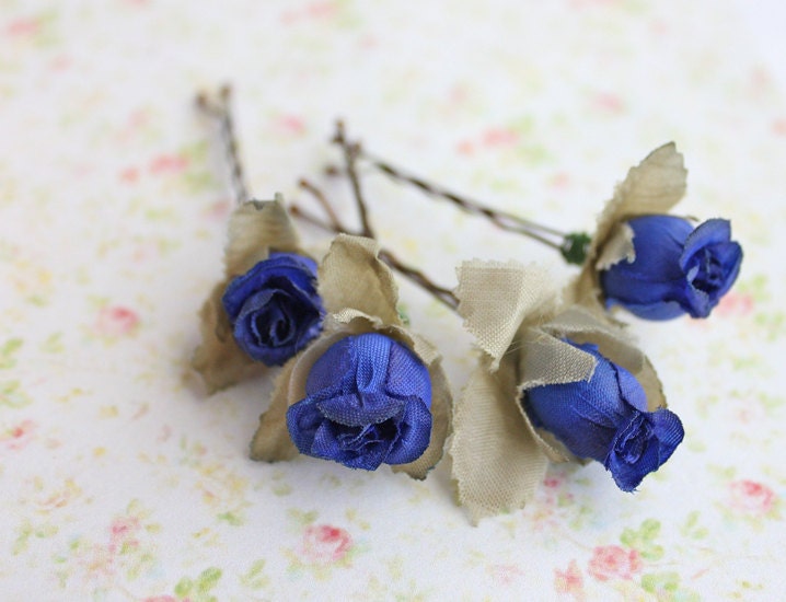 Cobalt Blue Rosebuds Hair Pins. Flower Hair Clip. Whimsical. Bridesmaids. Rustic Wedding. Woodland. Hair Accessories. Fall. Autumn Wedding.