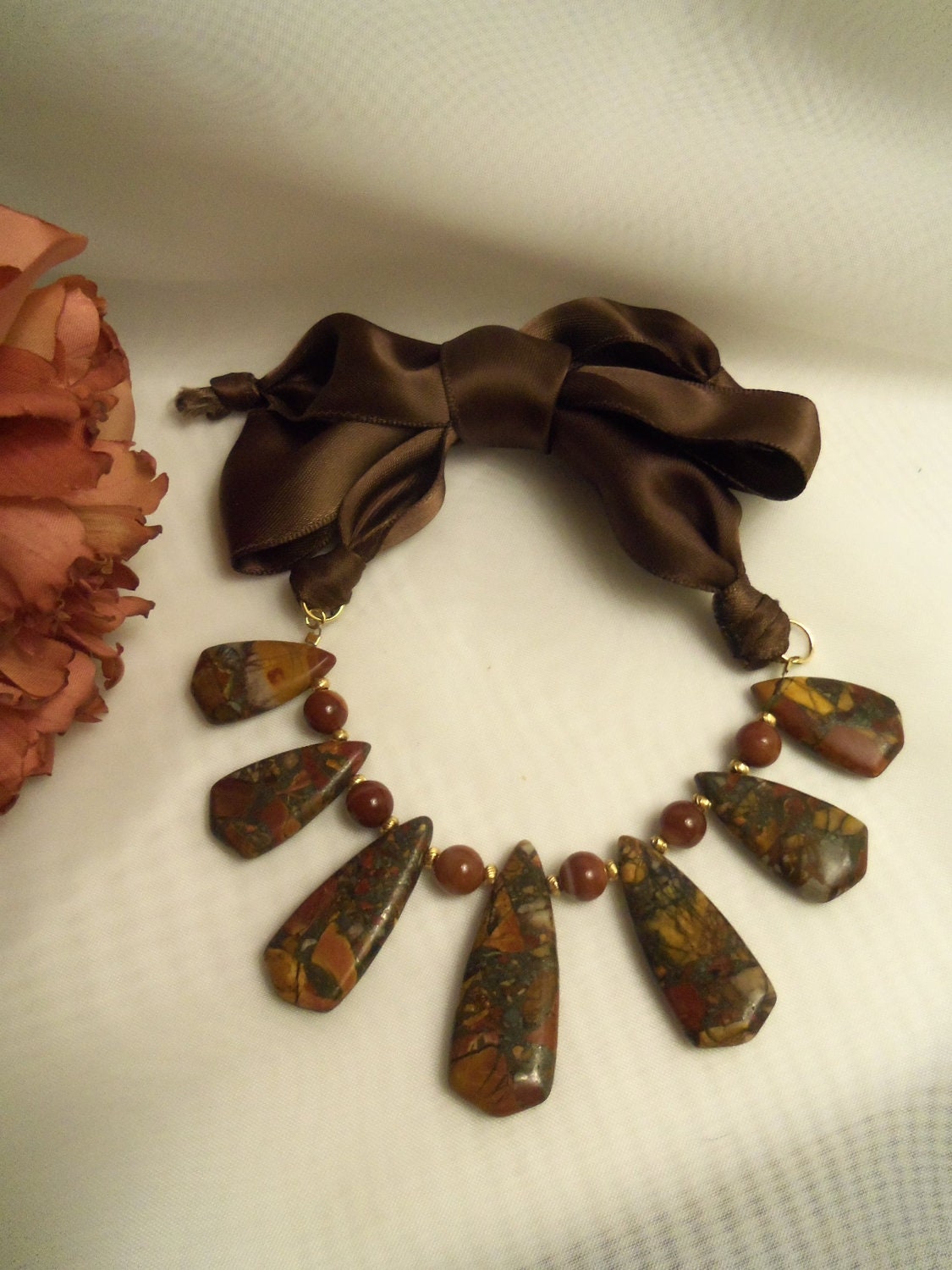 Satin Bow & Ribbon Necklace with Multi Color Jasper Stone Beads and 14K Gold Plate- Birthday Gift for Her. Jewelry for Her