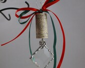 Wine Cork Ornament with Bevel and Tibetan Silver Charm for your Christmas Tree or Holiday Package Embellishment