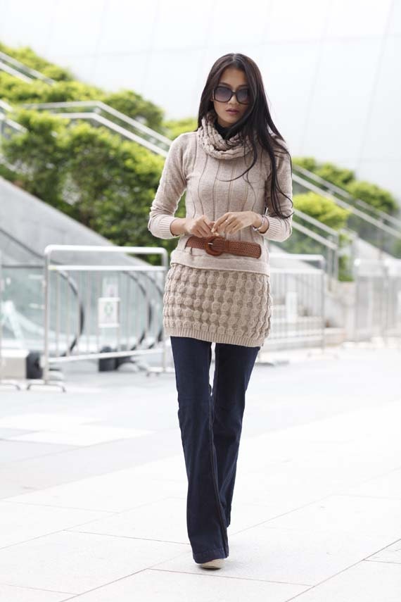 Reserved Listing for Chien-Ying - FREE SHIPPING Deep Kahki Long Sleeve Sweater Dress With Neck Warmers S / M - NC191