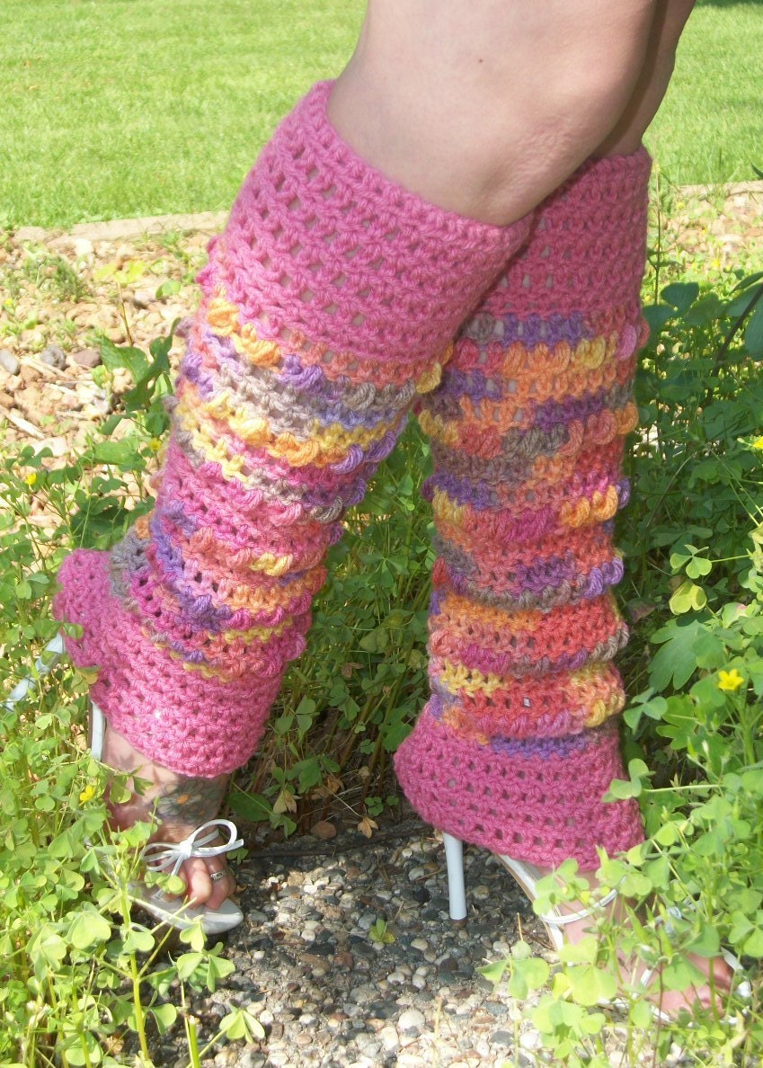 Hand Crocheted -Custom Made To Size - Teen/Adult - Raspberry Pastel Melonberry - Watercolor - Rainbow - Striped Leg Warmers