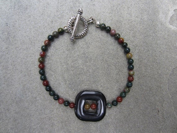 Multicolored Blood Stone Jasper Beads, Hollow Square Onyx Pendant Bracelet