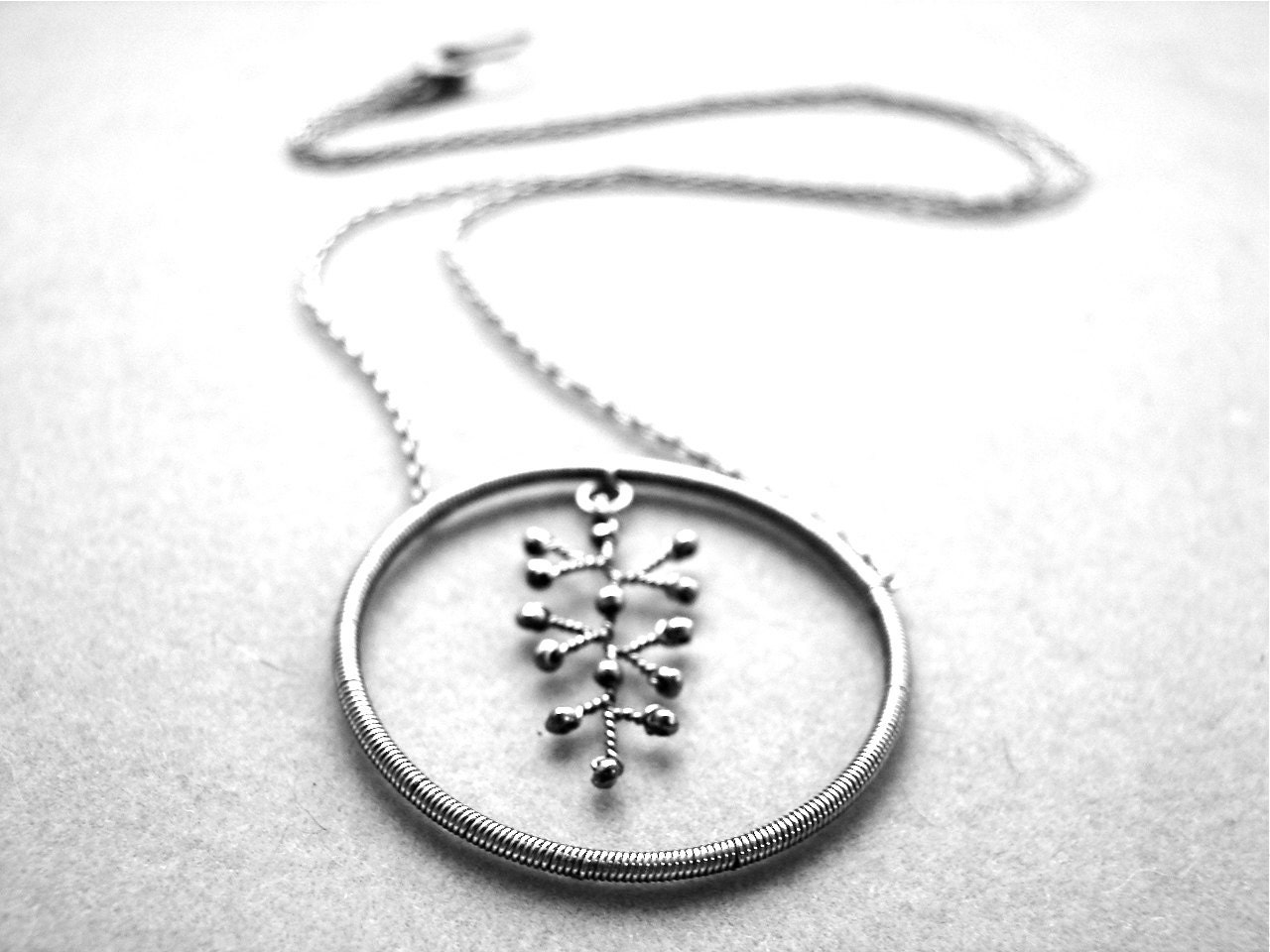 Enso w/ Floating Silver Branch Circle Hoop Minimal Asian Zen Delicate Necklace