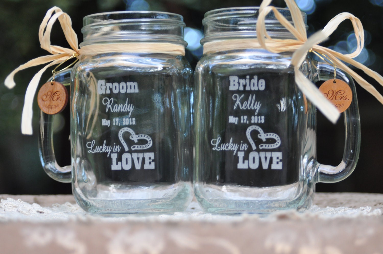Western Wedding Table Setting - Lucky in Love Mason Jar Mugs - Personalized Bride and Groom Toasting Glasses