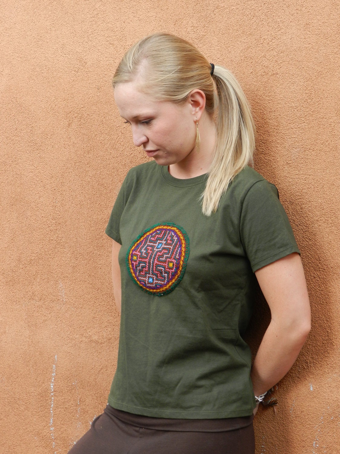 Shipibo Embroidered Tshirt--"Jungle Spirit" Peruvian Amazon-Medium/Green/Cotton/Ayahuasca/Tribal Shirt/Burning Man