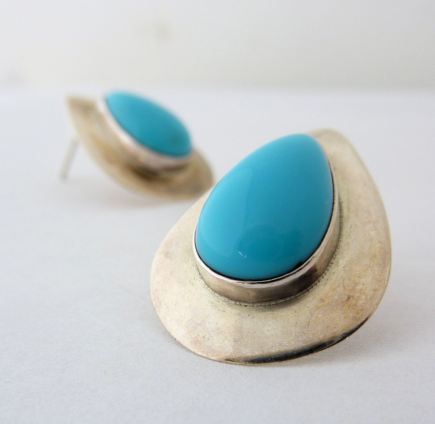 Vintage Sterling Turquoise Earrings, Modernist
