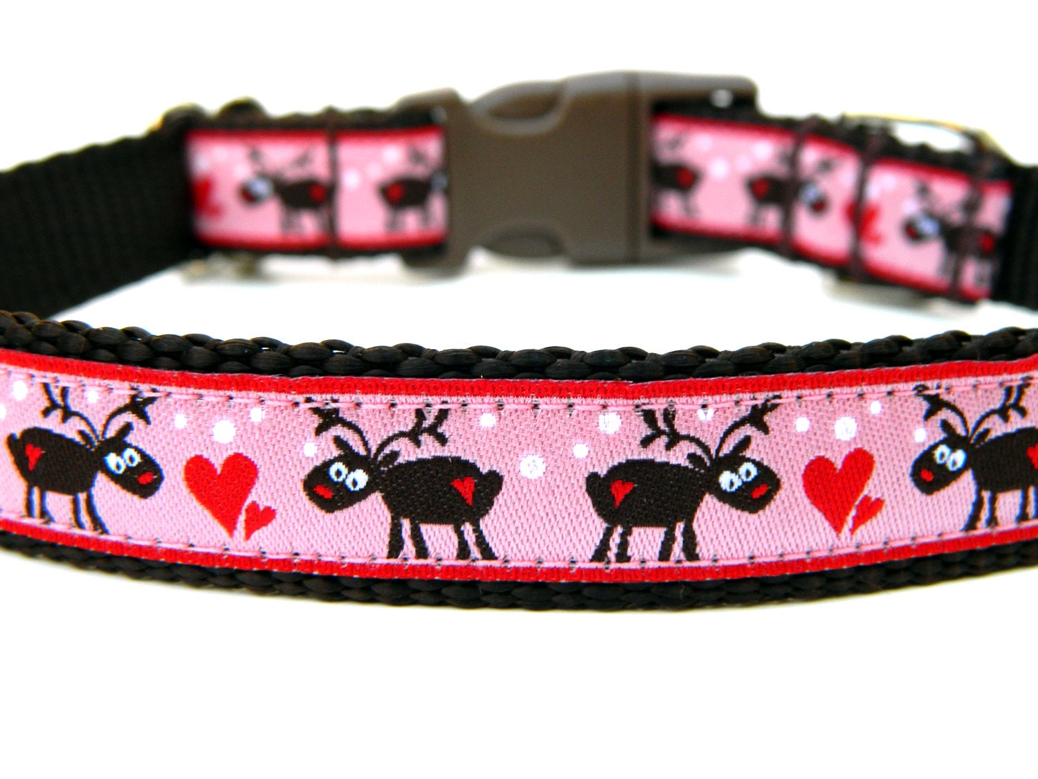 Christmas Dog Collar 3/4" or 5/8" Pink Reindeer Dog Collar