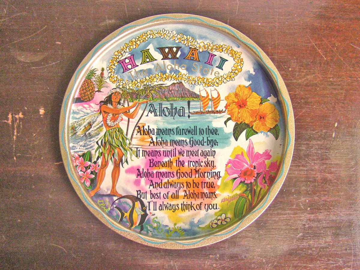 vintage tin Ken Haag Hawai'i state souvenir serving tray