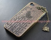 Bird Design Walnut Wood iPhone 4 iPhone 4S Case iphone 5 case- Wooden Etched iPhone Case,with branch ,owl charm pendant ,Carved iPhone Case