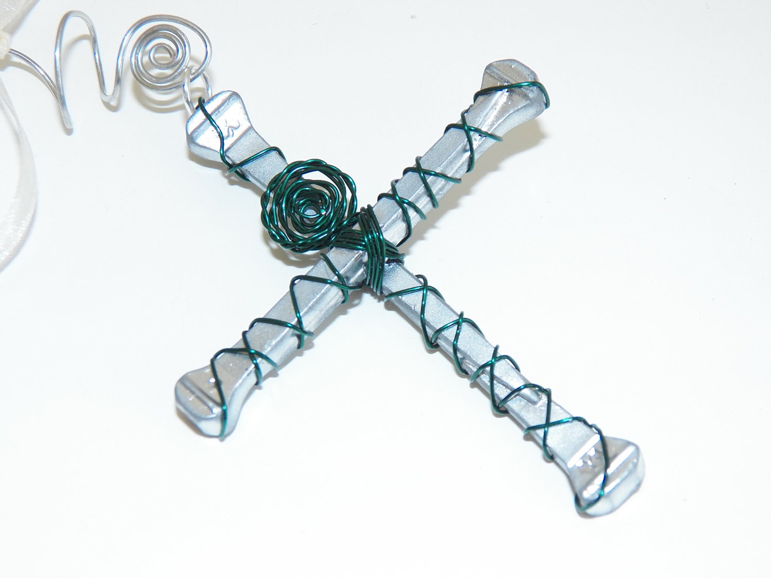 Cross Christmas Ornament Wire Wrapped Horseshoe Nail Cross Green Copper Wire Wall Hanging Home Decor Handmade Montana USA Free Shipping