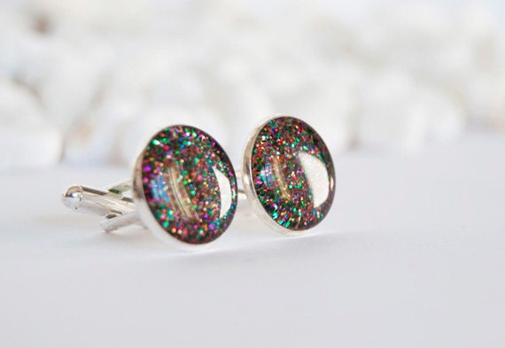 Colorful glitter resin cufflinks. Silver tone
